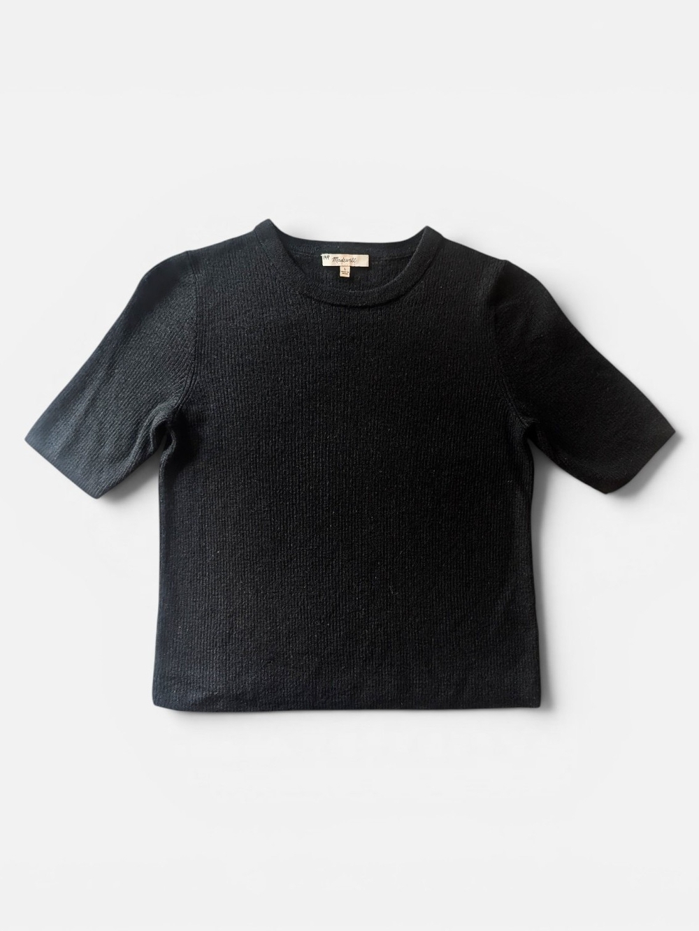 Madewell Black 100% Merino Wool Short Sleeve Ribbed Crewneck Sweater Size L".